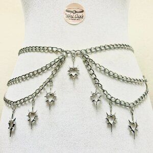 Silver chain belt with heart and lightning heart charms